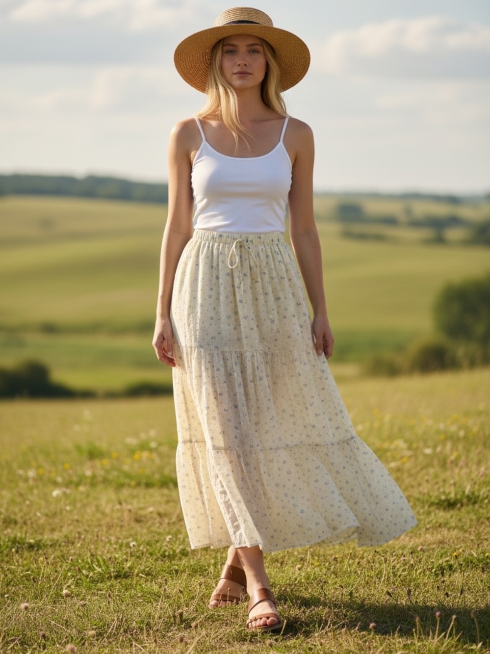 238 • English Meadows Cream Floral Tiered Maxi Skirt